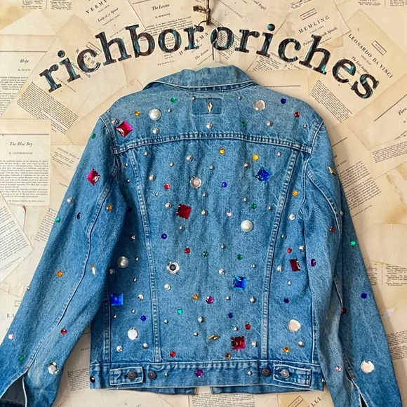Free People x Tricia Fix Dazzled Denim Jacket Uncycle Reworked Jewels Studded - Picture 8 of 12